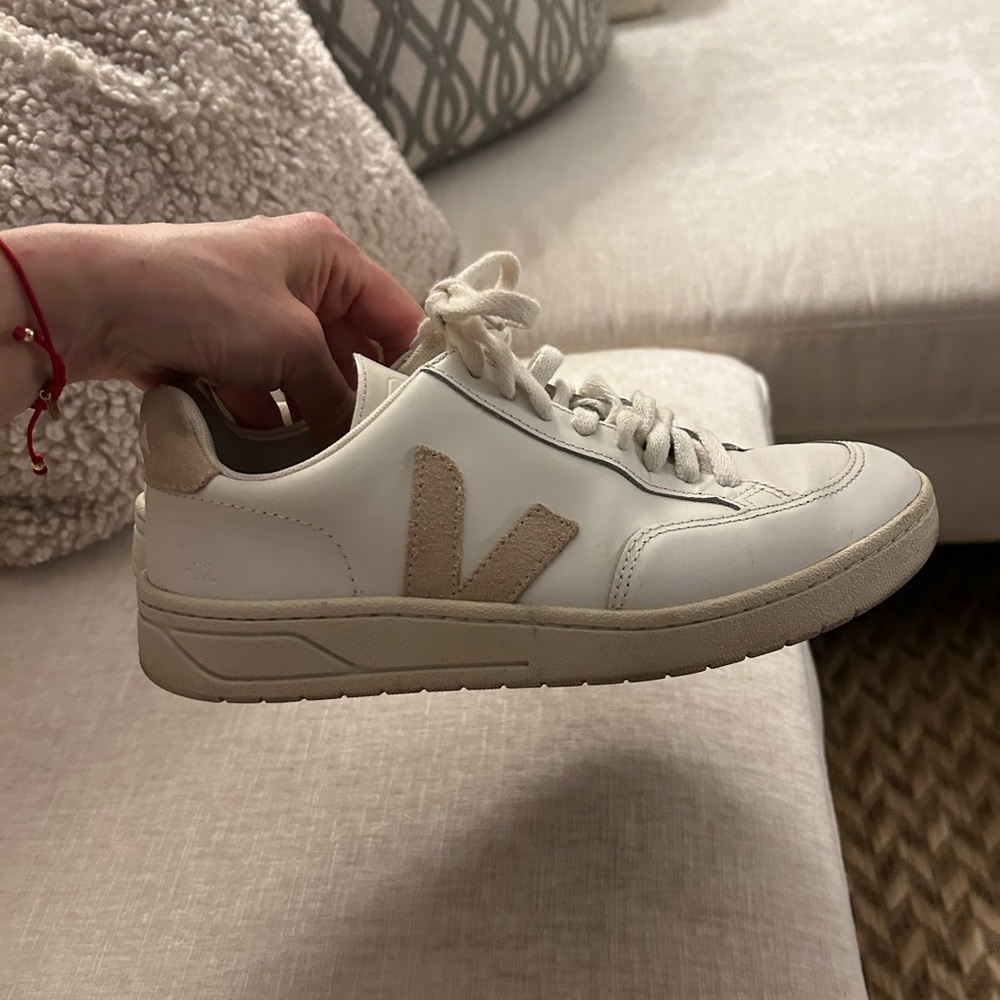 Veja White and Tan Minimalist Sneakers